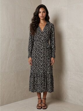 Black Floral Midi Dress | Cream Print | V-Neck Long Sleeve | 6 Medium